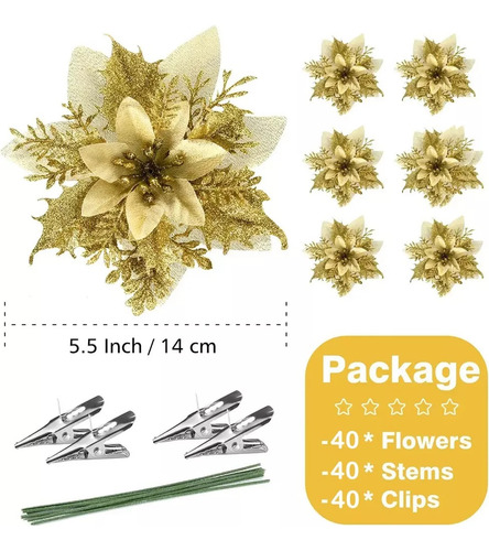40 Flores De Navidad Con Purpurina Artificial Y