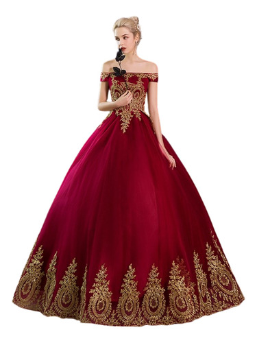 Vestidos De Quinceañera Elegante Color Rojo Dorado Barato 