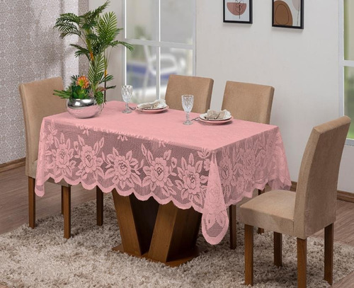 Toalha De Renda Para Mesa 6 Lugares Retangular 2,30m X 1,50m Cor Rosa Renda Decorada