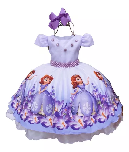 Vestido Infantil Princesa Sofia Lilás C/ Cinto De Pérolas