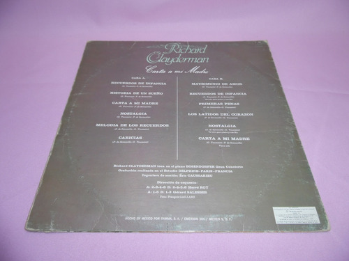 Acetato Richard Clayderman Carta A Mi Madre ** Año 1980 (Usado)