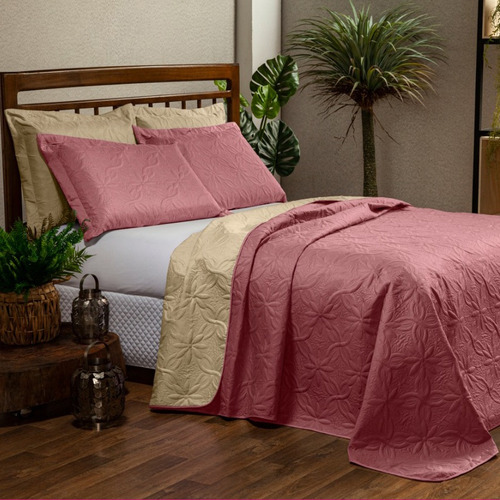 Cobre Leito Para Cama Queen Floral Kit 3 Peças - Rosê