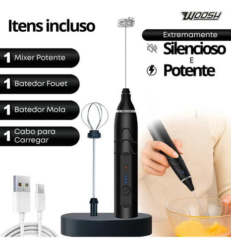 Mixer Elétrico Portátil 2 em 1 Recarregável Potente Misturador de Bebidas e Ovos 3 Velocidades Usb Batedor e Fue Fouet Marca Woosh 3