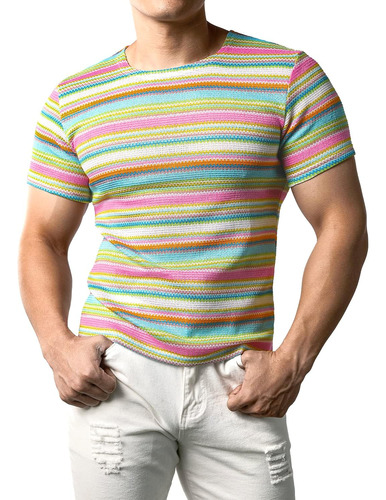 Jogal Camisas De Manga Corta A Rayas Arco Iris Para Hombre C