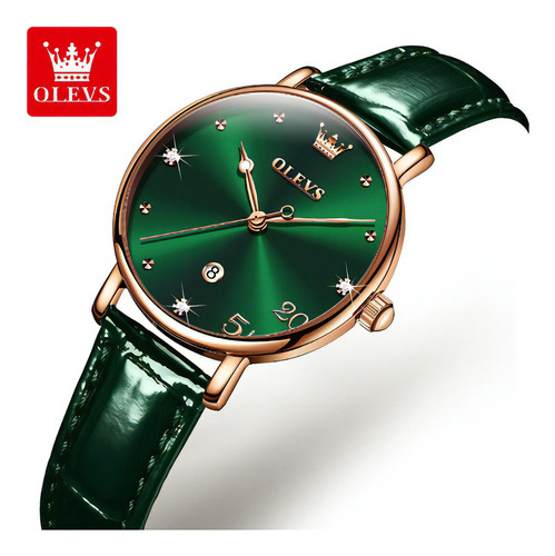 Olevs Relojes De Mujer Elegantes De Cuero Resistente Al Agua Color De La Correa Verde