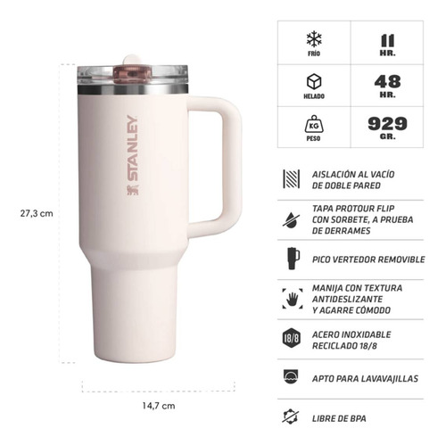 Vaso Stanley Quencher Protour Flip Straw 1.2lt Rose Quartz