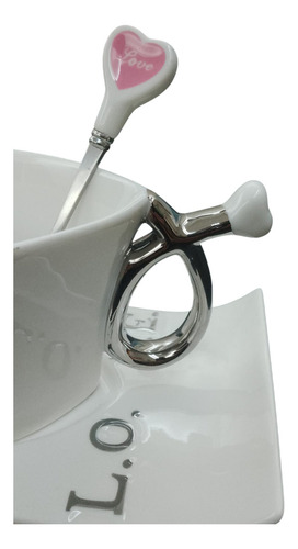 Taza De Cerámica Con Forma De Corazón Con Base Y Cuchara S Color Blanco