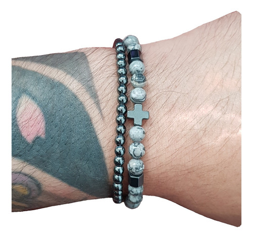 Pulsera Doble Cruz Hematita Piedra Grey Hombre Mujer Style