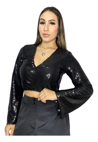 Blusa Cropped Manga Longa Paetê Planet Girls 