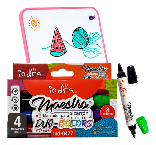 Marcadores Para Pizarron Indra Punta Doble 8 Colores 4 Pzs