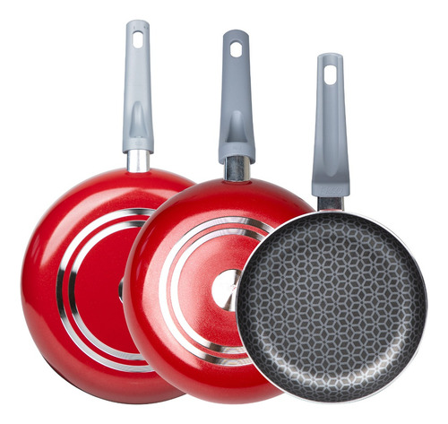 Juego De 3 Sartenes + Tapa De Cristal Ekco C/antiadherente Rojo