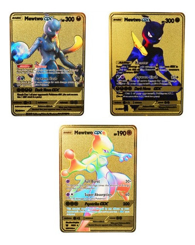 3x Cards Mewtwo Gx Rainbow - Carta Pokemon De Metal Ouro