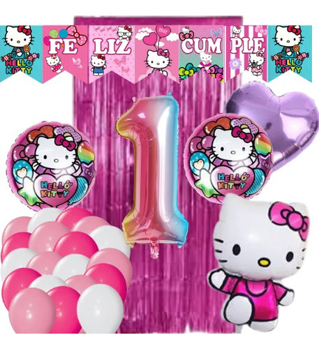 Set Combo De Globos Hello Kitty +cortina + Numero + Banderin