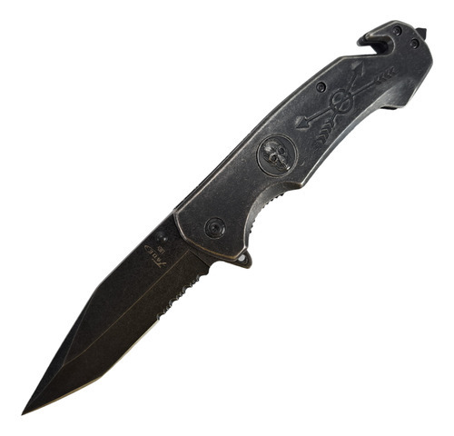 Canivete Semi-automático Lâmina Mista Caveira Total Black