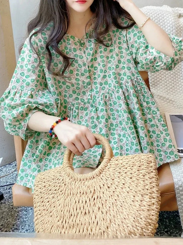 Camisa Holgada Con Cuello Redondo Y Manga De Farol Para Muje