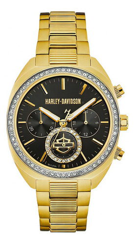 Reloj Harley-davidson Crystal Six-hand Chronograph Bl77m103 Color de la correa Dorado Color del bisel Plateado Color del fondo Negro