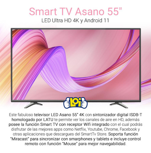 Imagen 2 de 4 de Smart Tv Asano 55' 4k Uhd Android 11 Netflix Youtube Loi
