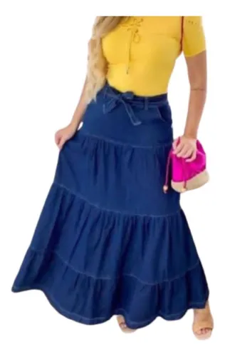 Saia Longa Jeans Camadas 3 Marias La o Cintura Pp36 Ao Gg44