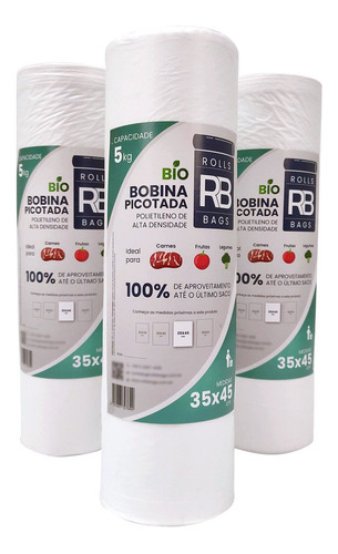 Kit 6 Bobina Plástico Picotado 35x45 Para 5kg Fundo Reto