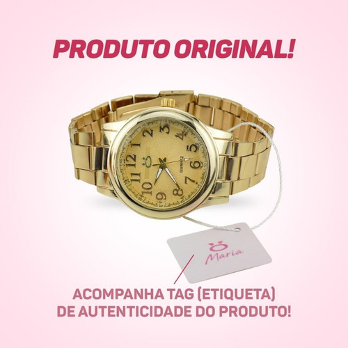 Relógio Feminino Orizom Dourado Original Kit Colar Brincos