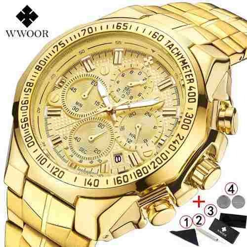 Relogio De Pulso Masculino Dourado De Luxo Prova De Água Wwoor