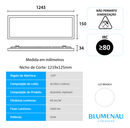 Kit 5 Plafon Retangular Embutir 15x120 36w Branco Frio 6500k