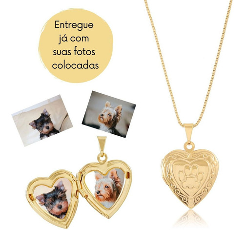 Colar Relicário Coração Para Colocar Fotos De Cachorro Pets Cor Dourado