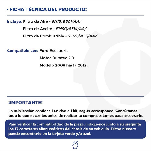 Imagen 2 de 9 de Kit 3 Filtros Aceite + Aire + Combus Ford Ecosport 2.0 08/12