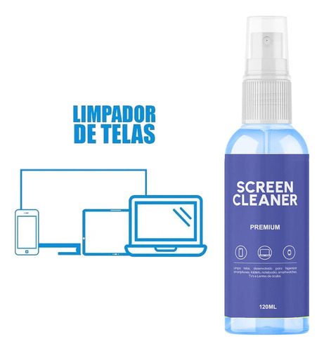 Limpa Telas Premium 120ml Com Pano Microfibra Cor Azul Claro