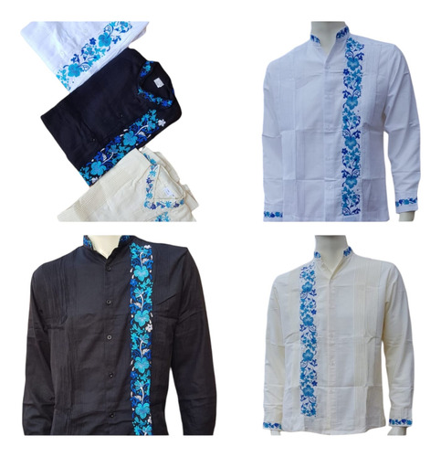 Finas Guayaberas De Lino Bordadas En Flores Azules-elegantes