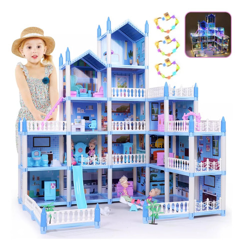 Casa De Muñecas Grande Con Muebles, 16 Cuarto,4 Muñecas,azul