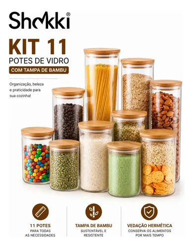 Kit 11 Potes De Vidro Herméticos Com Tampa  De Bambu Organizador Para Mantimentos Grãos Café Cereais Massas Shokki