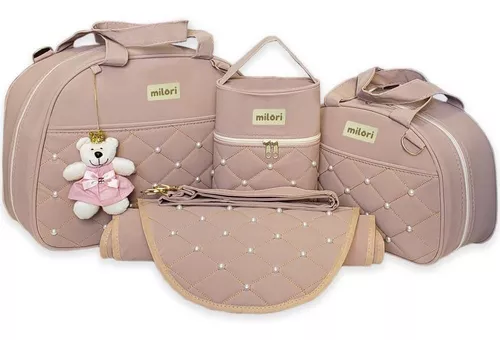 kit 4 peças bolsa bebê saída maternidade com porta mamadeira e trocador menina  cor rose