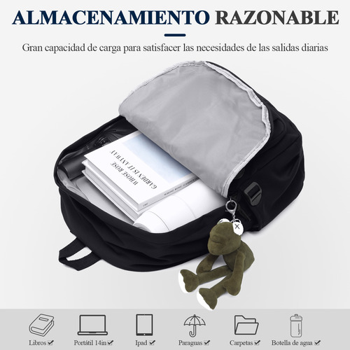 Mochila De Computadora Portátil De Gran Capacidad Bolsa De Fitness Mochila De Ocio Mochila Escolar, Con Adornos De Rana Colgantes, Color Negro