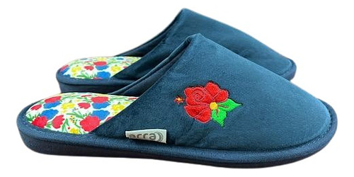 Pantufla Para Dama Azul Marino Y Flores