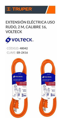 2 Extensiónes Eléctricas Uso Rudo 2 M Calibre 16 Volteck