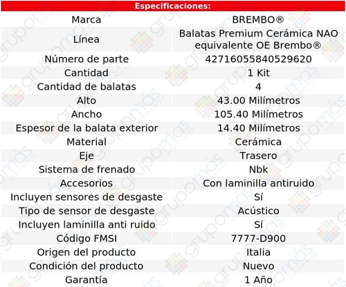 Balatas Traseras Cerámicas Nissan Maxima 01 Al 03 Brembo