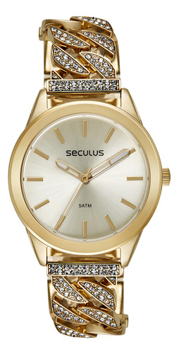 Relógio Feminino Dourado Seculus Corrente com Cristais, 77273lpsvdb1 Cor Dourado Pulseira Estilo Joia, Caixa Grande 38mm, Fecho Joalheria, Acessório Elegante para Festa, Look Casual