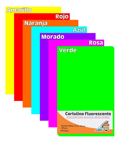 Cartulina Tamaño Oficio Fluorescente Colores 220gr 100 Hojas