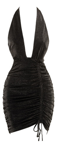 Vestido Corto Drapeado Brillos Escote Profundo Halter Sexy