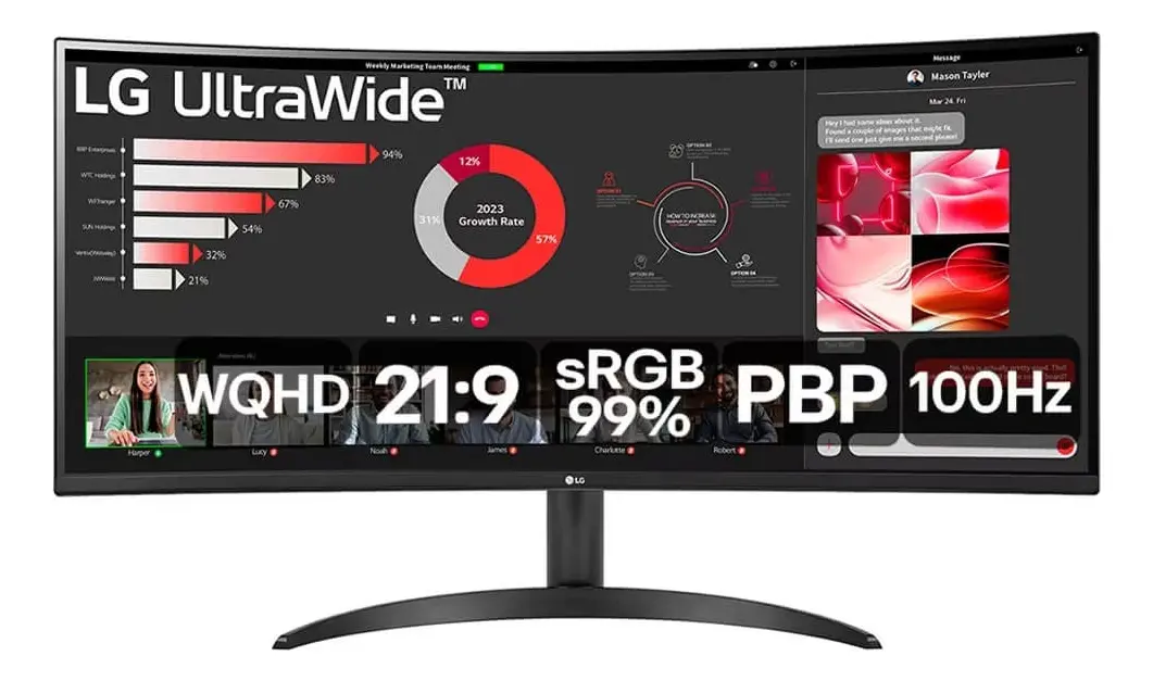 Monitor LG UltraWide Curvo – Tela VA de 34”, WQHD 3440 x 1440, 21:9, sRGB 99%, HDR10, PBP, 100Hz, AMD FreeSync, Preto - 34WR50QC-B - Excelente (Recondicionado)
