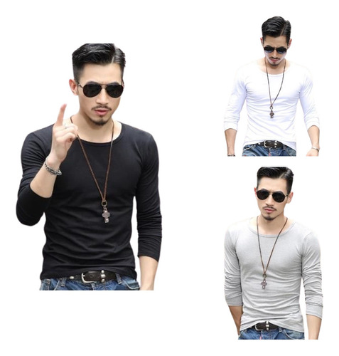 Pack 3 Camiseta Manga  Larga Para Playera Hombre Slim Fit