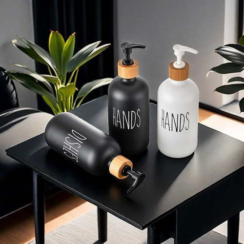 Set De Baño 500ml De Vidrio Con Bandeja De Bambú 3 Piezas Color Negro
