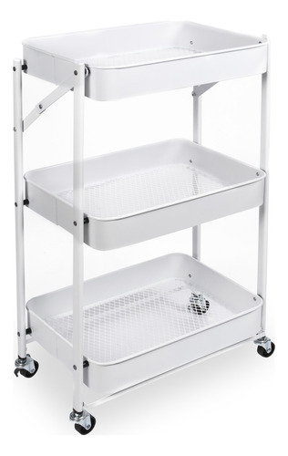 Carrito Plegable Metálico De Cocina, Con 3 Estantes Bandeja Y Ruedas - Organizador Multiuso, Gran Resistencia - Color Blanco