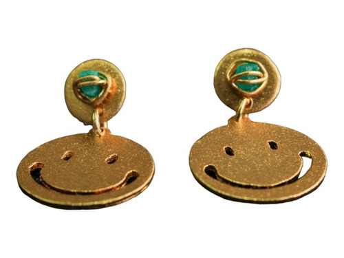 Aretes Carita Feliz Mujer Enchape Oro 24k Esmeralda En Bruto