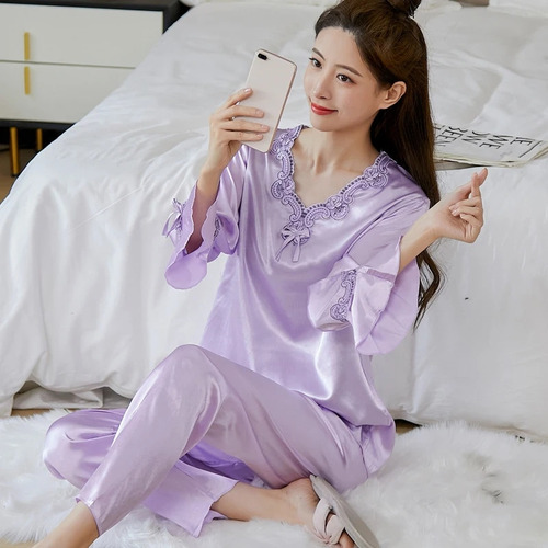 Pijama De Seda Para Mujer, Estampado Floral En V, Conjunto D