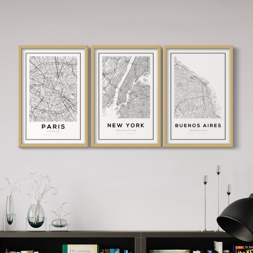 Set 3 Cuadros Con Vidrio - Mapa Paris, New York, Bs As 40x60