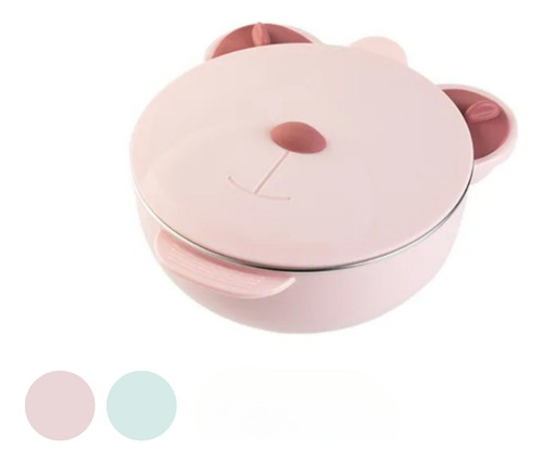 Plato Infantil Con Sopapa Y Tapa Térmico Bebé Antideslizante Rosa Oso