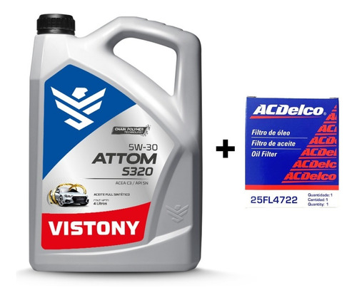 Aceite 5w30 Full Sintetico 5l Vistony + Filtro Acdelco