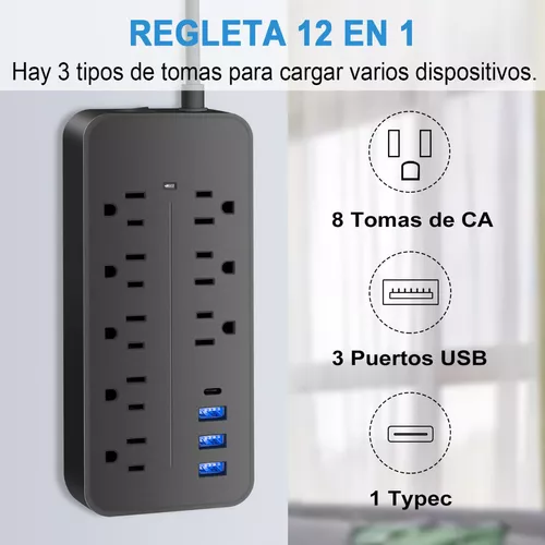 Regleta UNNO - 3 Tomas + 2 USB-A + 1 USB-C - REGULADOR